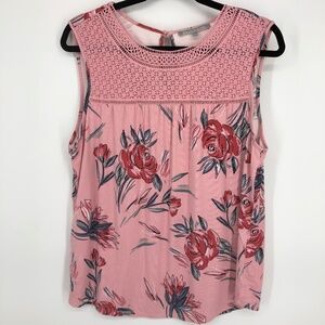 Daniel Rainn Womens Tank Top Blouse Size Large Pink Floral Crochet Lace Stretchy